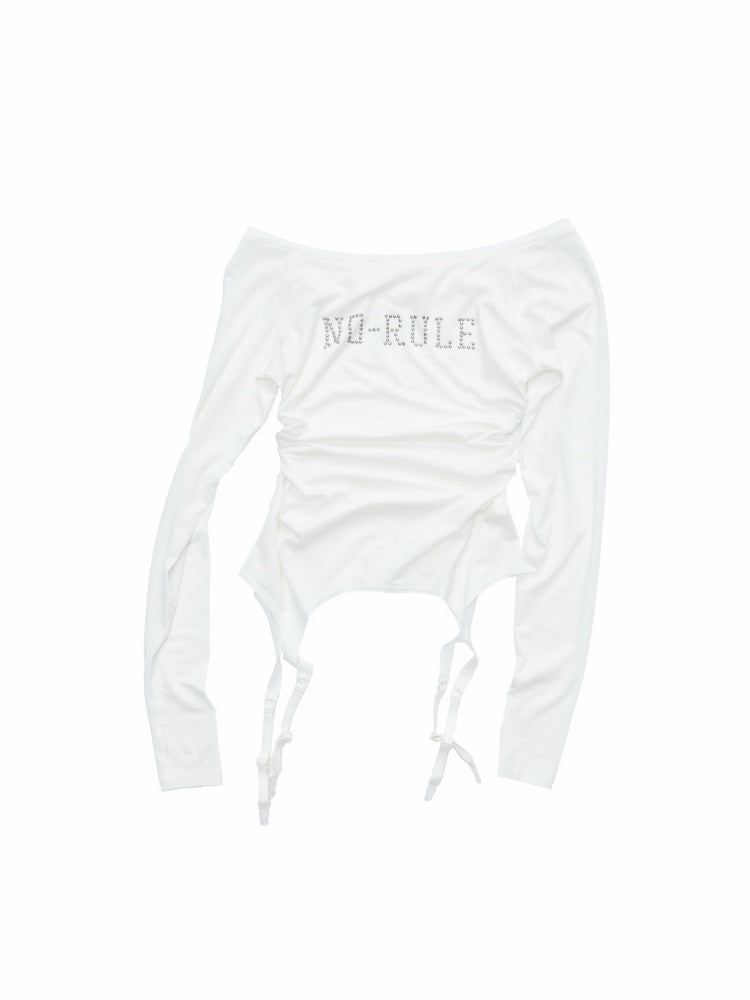 Rhinestone Garter With Boat Neck Wrinkled Knitted Base Layer Slim Down Lazy Top【s0000014979】