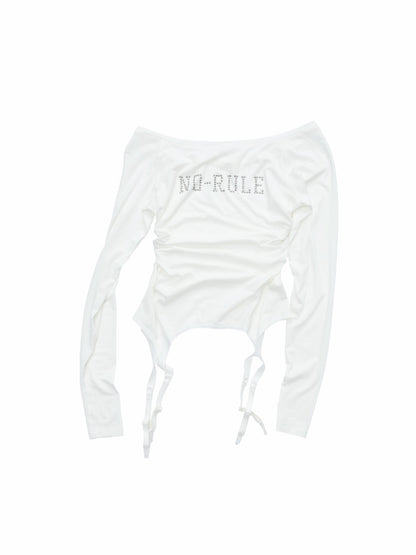 Rhinestone Garter With Boat Neck Wrinkled Knitted Base Layer Slim Down Lazy Top【s0000014979】
