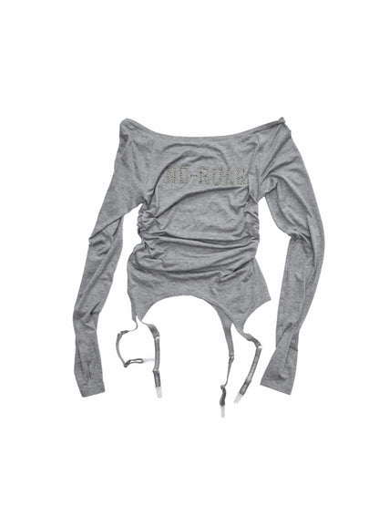 Rhinestone Garter With Boat Neck Wrinkled Knitted Base Layer Slim Down Lazy Top【s0000014979】