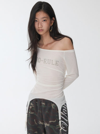 Rhinestone Garter With Boat Neck Wrinkled Knitted Base Layer Slim Down Lazy Top【s0000014979】