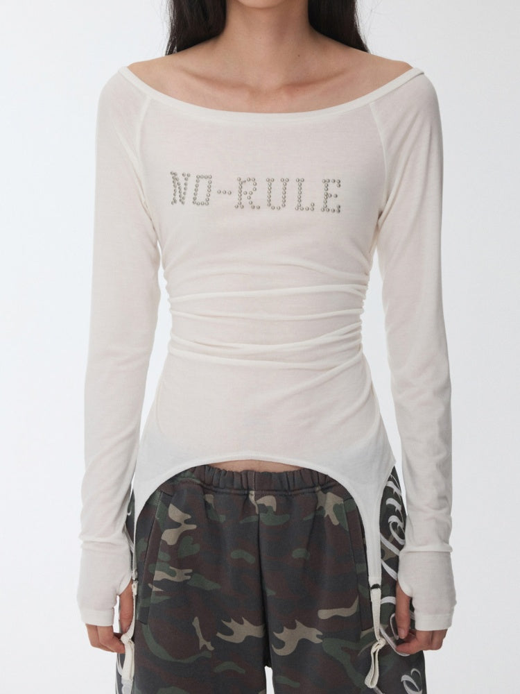 Rhinestone Garter With Boat Neck Wrinkled Knitted Base Layer Slim Down Lazy Top【s0000014979】