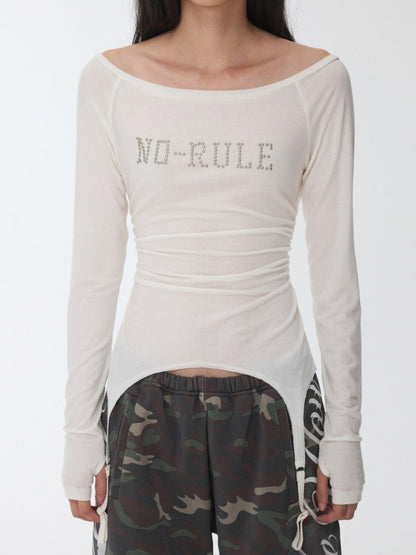 Rhinestone Garter With Boat Neck Wrinkled Knitted Base Layer Slim Down Lazy Top【s0000014979】