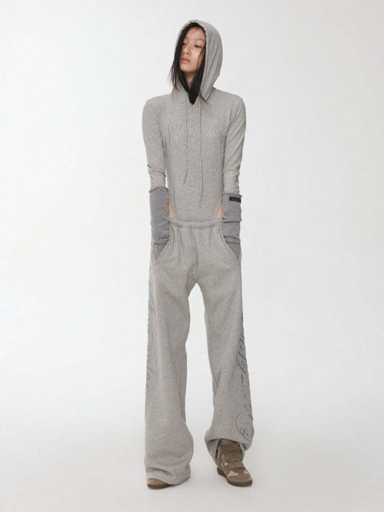 Letter Embroidery Drawstring Hooded Slim Bodysuit Slim Waist Top【s0000014980】