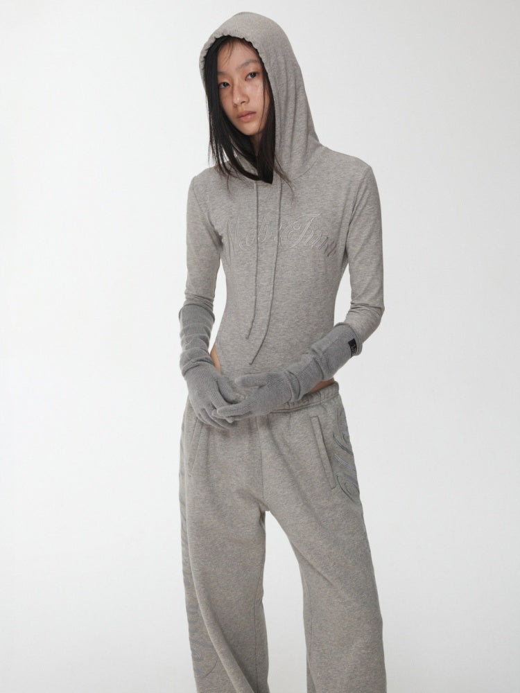 Letter Embroidery Drawstring Hooded Slim Bodysuit Slim Waist Top【s0000014980】