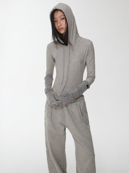 Letter Embroidery Drawstring Hooded Slim Bodysuit Slim Waist Top【s0000014980】