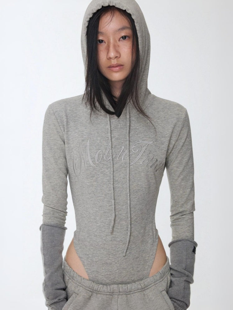 Letter Embroidery Drawstring Hooded Slim Bodysuit Slim Waist Top【s0000014980】