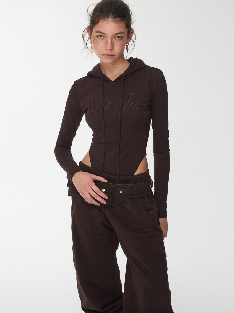 Letter Embroidery Drawstring Hooded Slim Bodysuit Slim Waist Top【s0000014980】