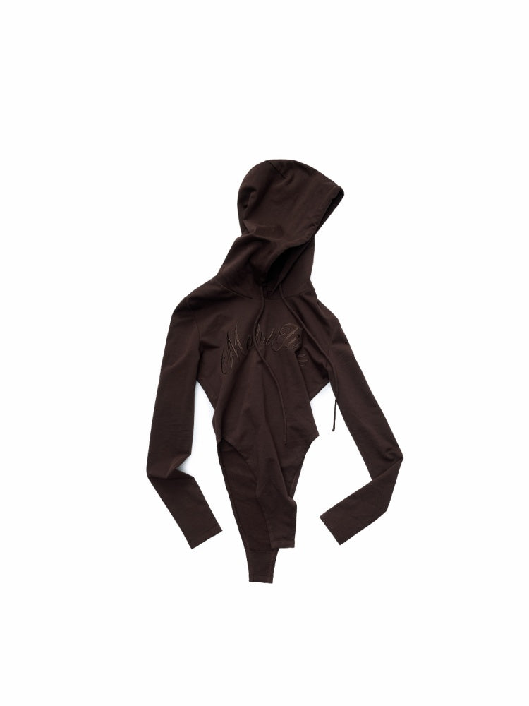 Letter Embroidery Drawstring Hooded Slim Bodysuit Slim Waist Top【s0000014980】