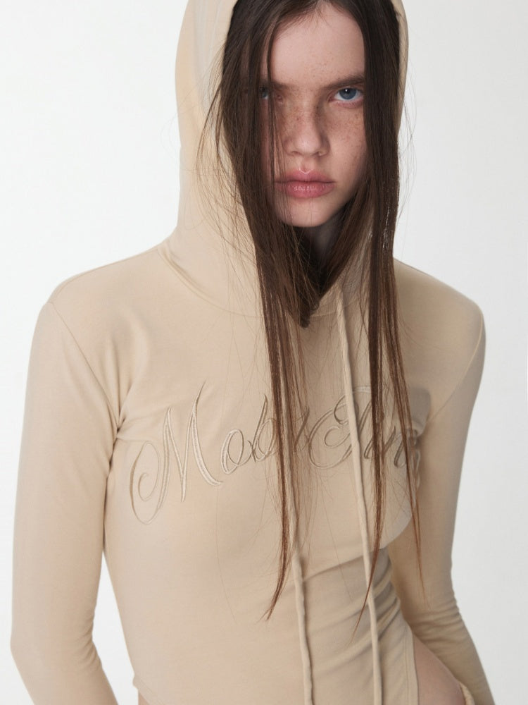 Letter Embroidery Drawstring Hooded Slim Bodysuit Slim Waist Top【s0000014980】