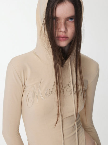 Letter Embroidery Drawstring Hooded Slim Bodysuit Slim Waist Top【s0000014980】