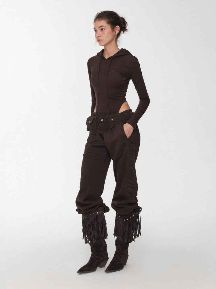 Letter Embroidery Drawstring Hooded Slim Bodysuit Slim Waist Top【s0000014980】