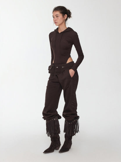 Letter Embroidery Drawstring Hooded Slim Bodysuit Slim Waist Top【s0000014980】