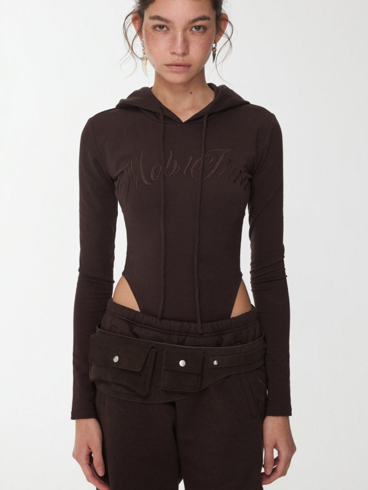 Letter Embroidery Drawstring Hooded Slim Bodysuit Slim Waist Top【s0000014980】