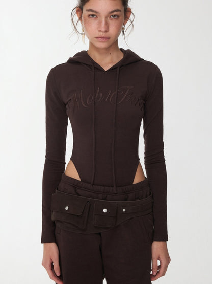 Letter Embroidery Drawstring Hooded Slim Bodysuit Slim Waist Top【s0000014980】