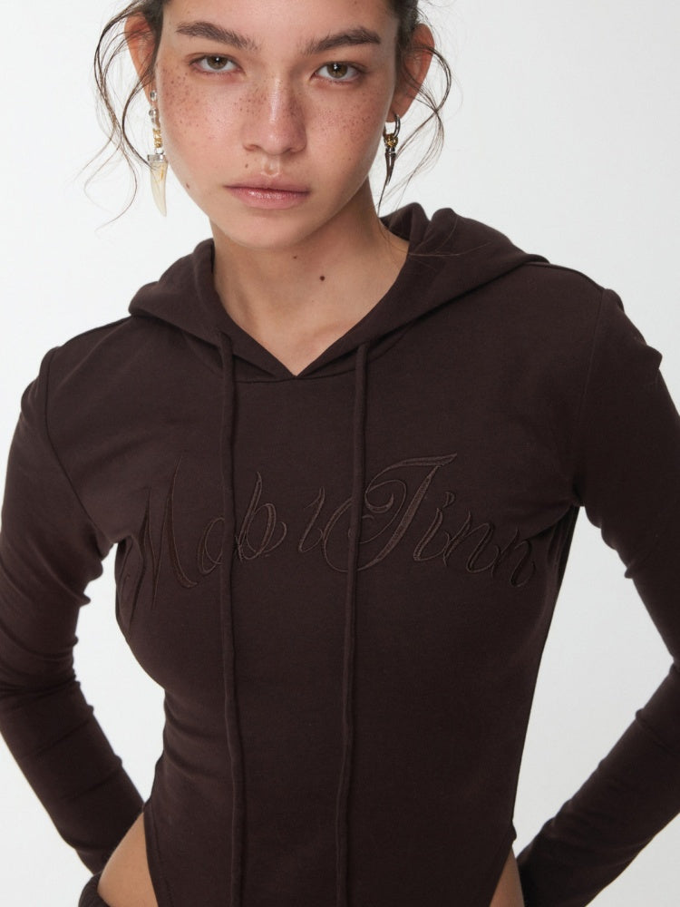 Letter Embroidery Drawstring Hooded Slim Bodysuit Slim Waist Top【s0000014980】