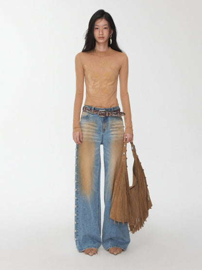 Flocked Sports Mesh Print Turtle Neck Base Shirt Sheer Fit Slim Top【s0000014981】