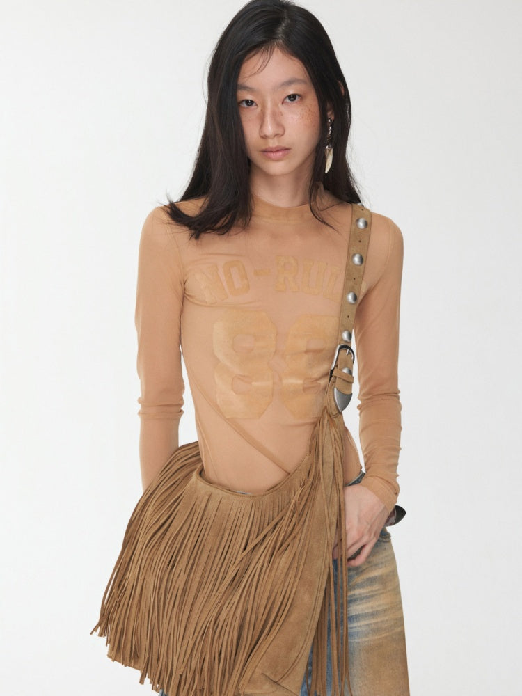 Flocked Sports Mesh Print Turtle Neck Base Shirt Sheer Fit Slim Top【s0000014981】