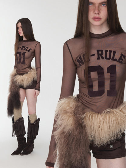 Flocked Sports Mesh Print Turtle Neck Base Shirt Sheer Fit Slim Top【s0000014981】