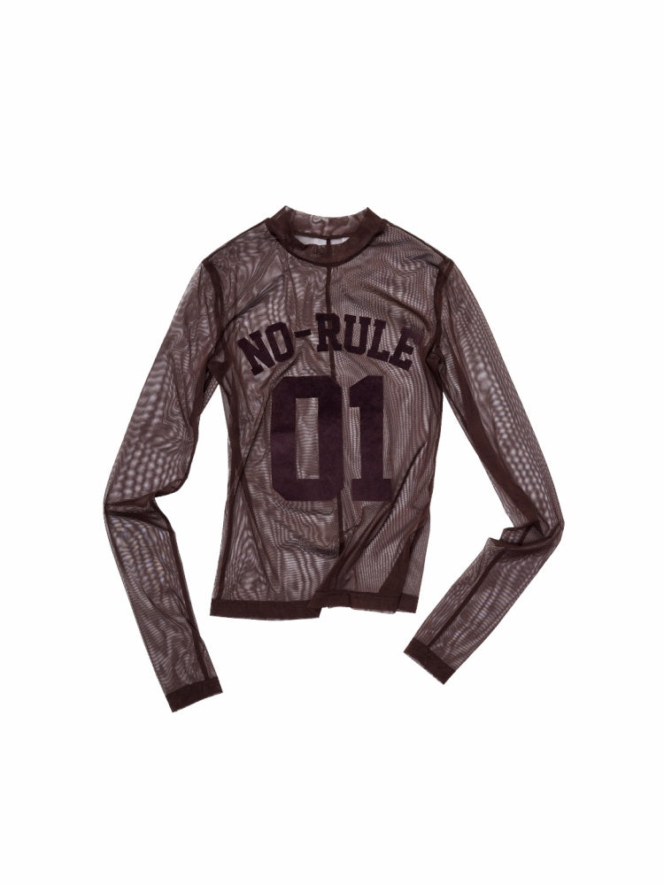 Flocked Sports Mesh Print Turtle Neck Base Shirt Sheer Fit Slim Top【s0000014981】