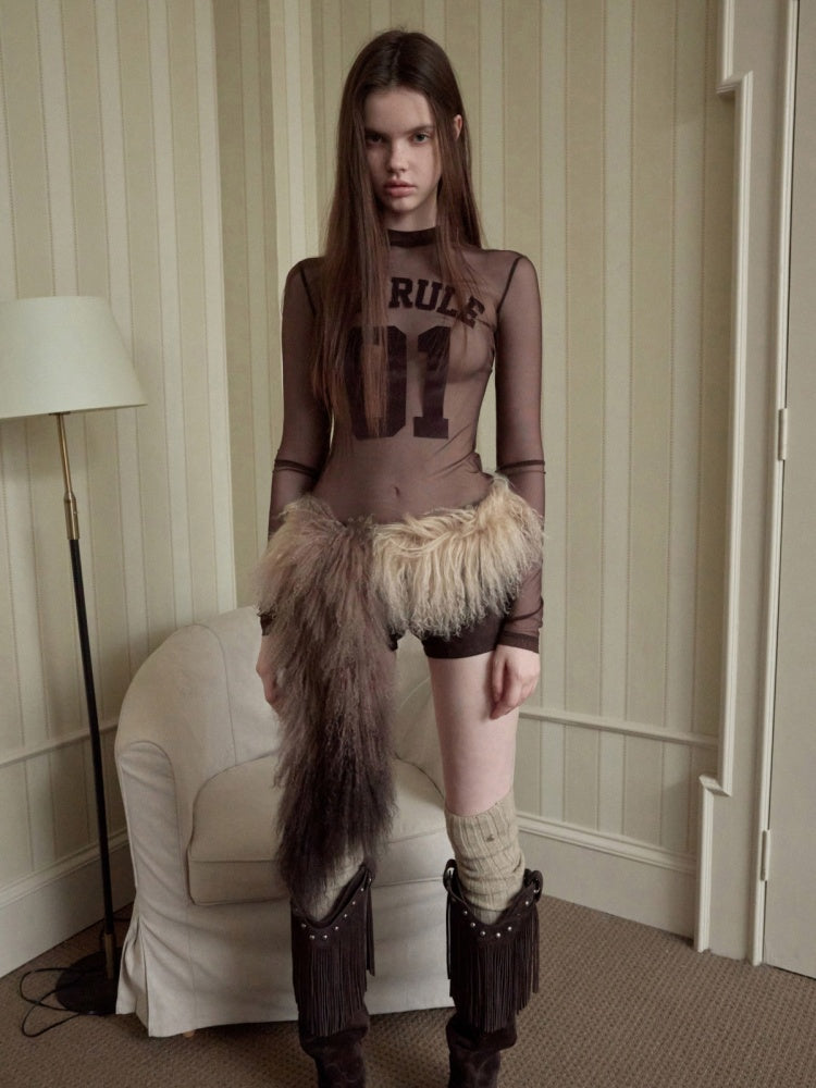 Flocked Sports Mesh Print Turtle Neck Base Shirt Sheer Fit Slim Top【s0000014981】