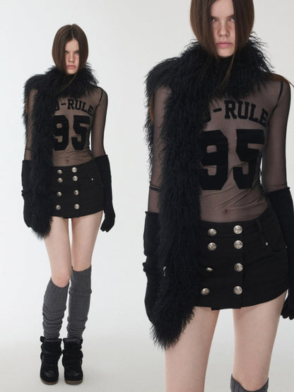 Flocked Sports Mesh Print Turtle Neck Base Shirt Sheer Fit Slim Top【s0000014981】