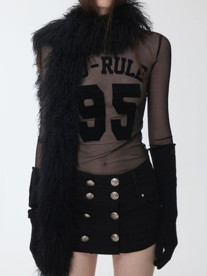 Flocked Sports Mesh Print Turtle Neck Base Shirt Sheer Fit Slim Top【s0000014981】