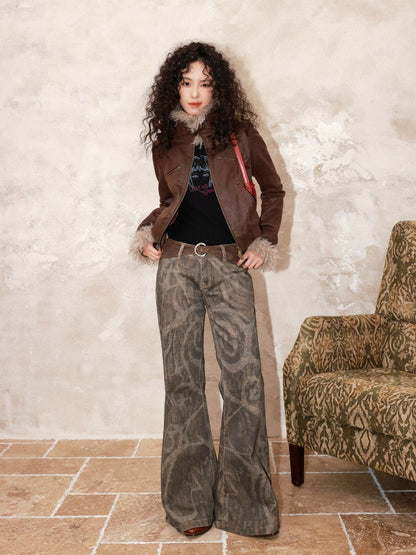 Low-Waisted Micro-Elastic Full Printed Flared Jeans【s0000014991】