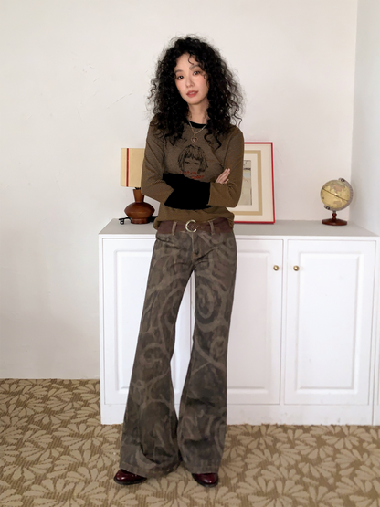 Low-Waisted Micro-Elastic Full Printed Flared Jeans【s0000014991】