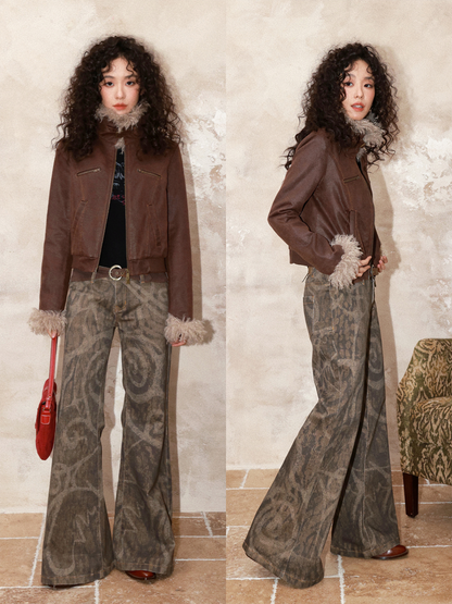 Low-Waisted Micro-Elastic Full Printed Flared Jeans【s0000014991】
