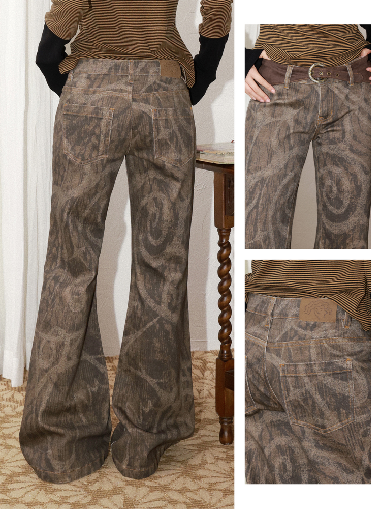 Low-Waisted Micro-Elastic Full Printed Flared Jeans【s0000014991】