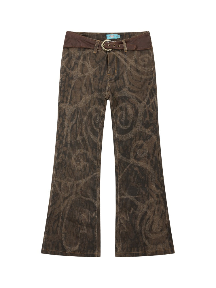 Low-Waisted Micro-Elastic Full Printed Flared Jeans【s0000014991】