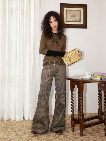 Low-Waisted Micro-Elastic Full Printed Flared Jeans【s0000014991】