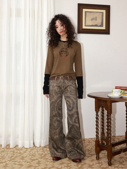 Low-Waisted Micro-Elastic Full Printed Flared Jeans【s0000014991】