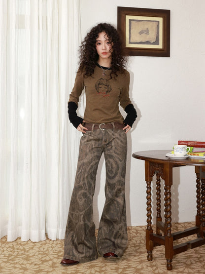 Low-Waisted Micro-Elastic Full Printed Flared Jeans【s0000014991】