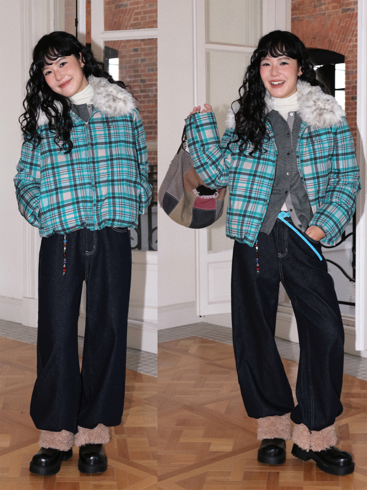 Detachable Fur Collar Down Short Thickened Warm Plaid Jacket【s0000014994】
