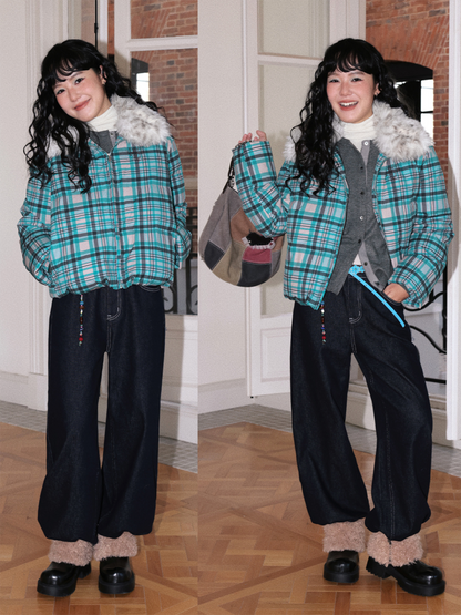 Detachable Fur Collar Down Short Thickened Warm Plaid Jacket【s0000014994】