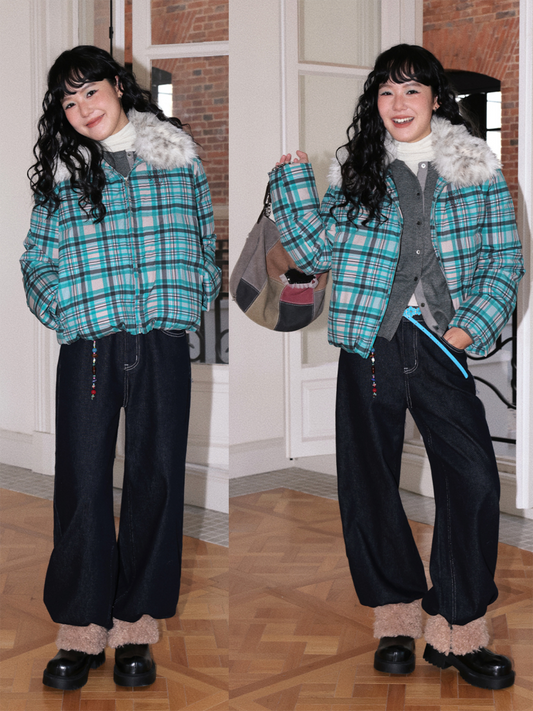 Detachable Fur Collar Down Short Thickened Warm Plaid Jacket【s0000014994】