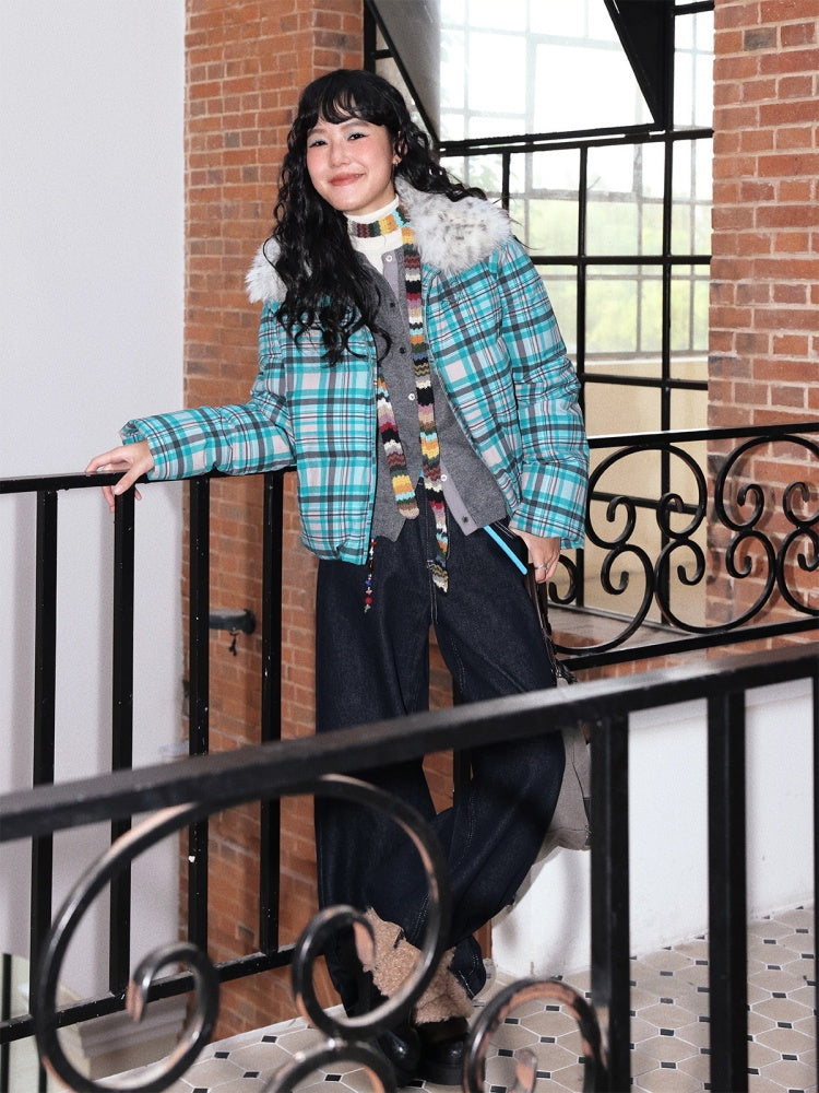 Detachable Fur Collar Down Short Thickened Warm Plaid Jacket【s0000014994】