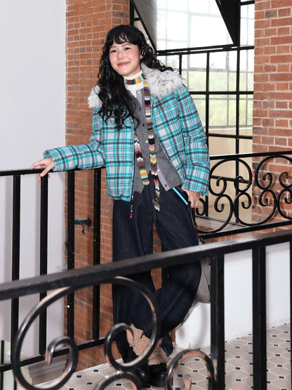 Detachable Fur Collar Down Short Thickened Warm Plaid Jacket【s0000014994】