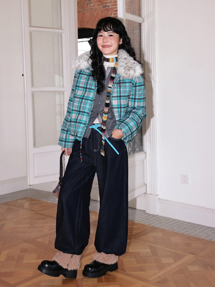 Detachable Fur Collar Down Short Thickened Warm Plaid Jacket【s0000014994】