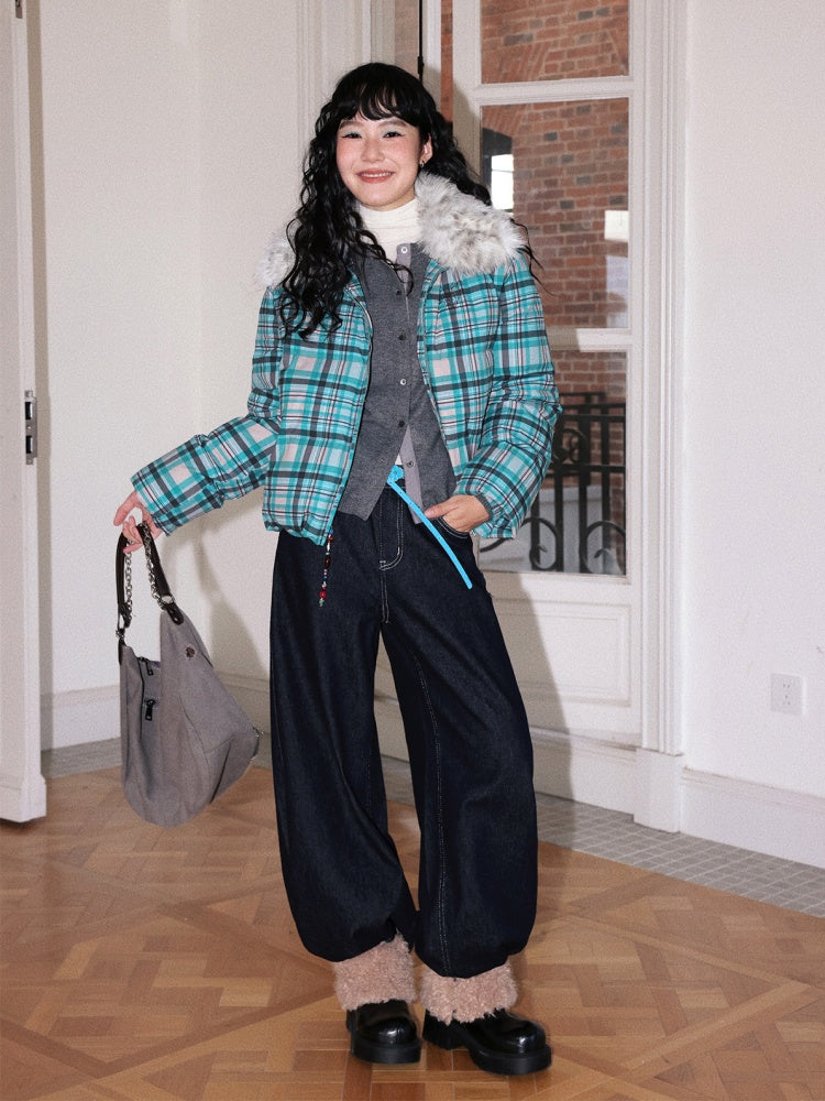 Detachable Fur Collar Down Short Thickened Warm Plaid Jacket【s0000014994】