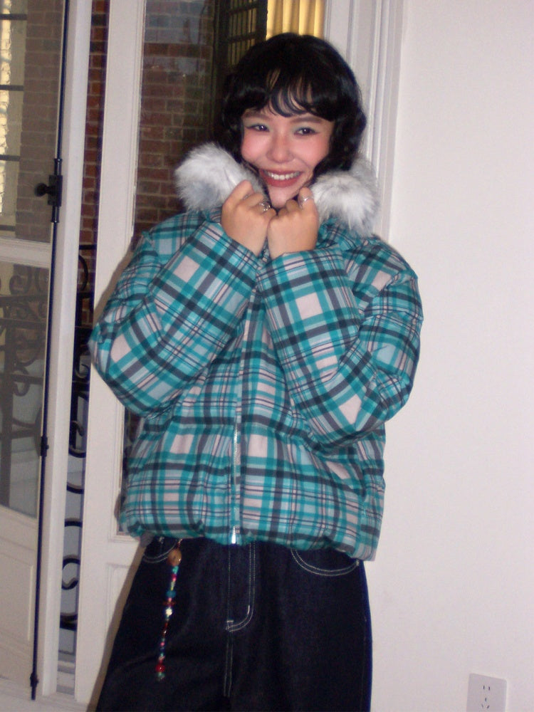 Detachable Fur Collar Down Short Thickened Warm Plaid Jacket【s0000014994】