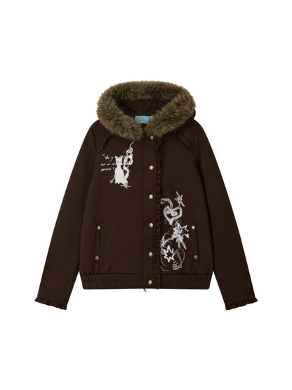 "Kitten Contract" Printed  Warm Fur Collar Hooded Lace Sweatshirt Jacket【s0000014996】