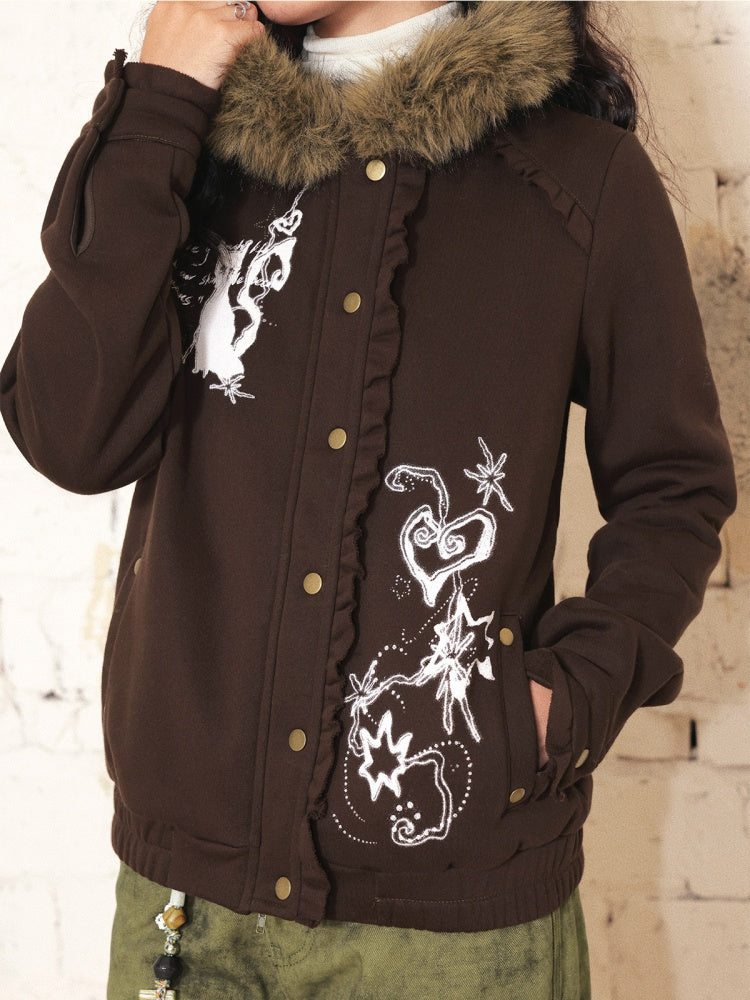 "Kitten Contract" Printed  Warm Fur Collar Hooded Lace Sweatshirt Jacket【s0000014996】