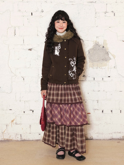 "Kitten Contract" Printed  Warm Fur Collar Hooded Lace Sweatshirt Jacket【s0000014996】