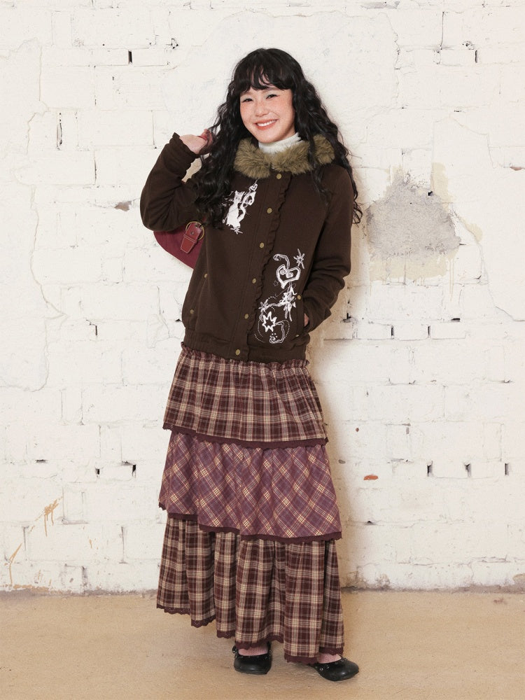 "Kitten Contract" Printed  Warm Fur Collar Hooded Lace Sweatshirt Jacket【s0000014996】
