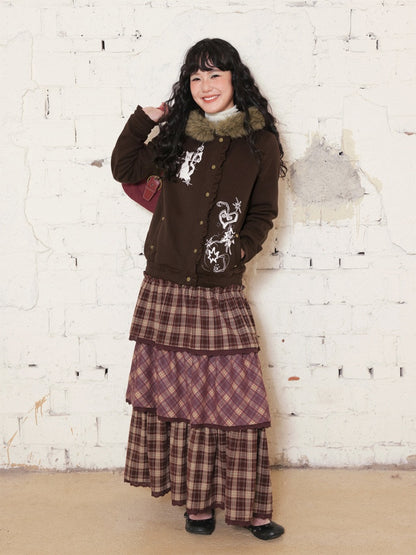 "Kitten Contract" Printed  Warm Fur Collar Hooded Lace Sweatshirt Jacket【s0000014996】