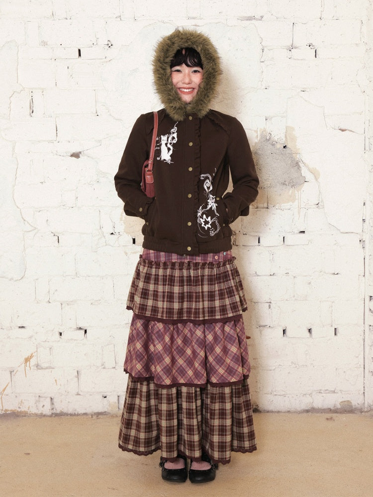 "Kitten Contract" Printed  Warm Fur Collar Hooded Lace Sweatshirt Jacket【s0000014996】
