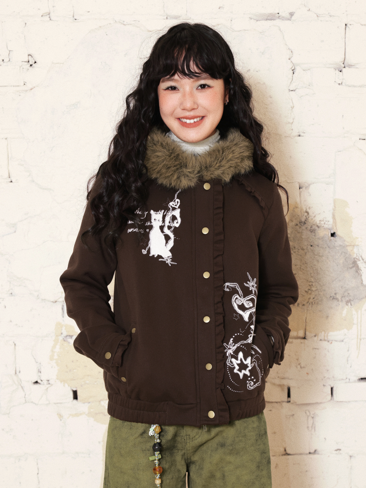 "Kitten Contract" Printed  Warm Fur Collar Hooded Lace Sweatshirt Jacket【s0000014996】