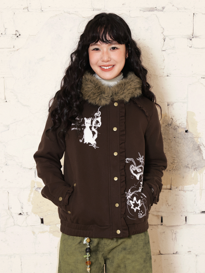 "Kitten Contract" Printed  Warm Fur Collar Hooded Lace Sweatshirt Jacket【s0000014996】